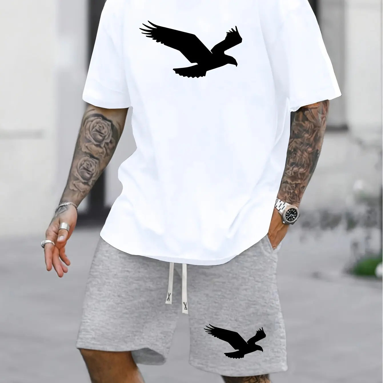 Mäns 100% bomull T-shirt set med fågelmönster, lös rund hals, kortärmad T-shirt och shorts för avslappnad stil.