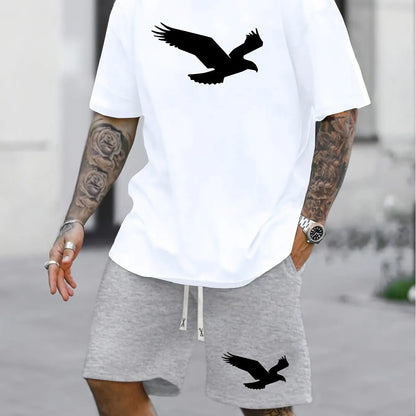 Mäns 100% bomull T-shirt set med fågelmönster, lös rund hals, kortärmad T-shirt och shorts för avslappnad stil.