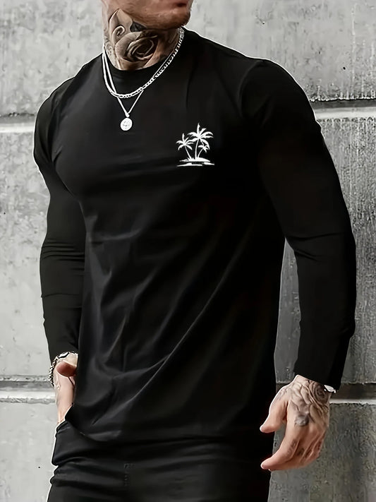 Herr T-shirt 100% Bomull – Andas, Fullärmad O-hals Topp med Bokstavstryck för Alla Årstider