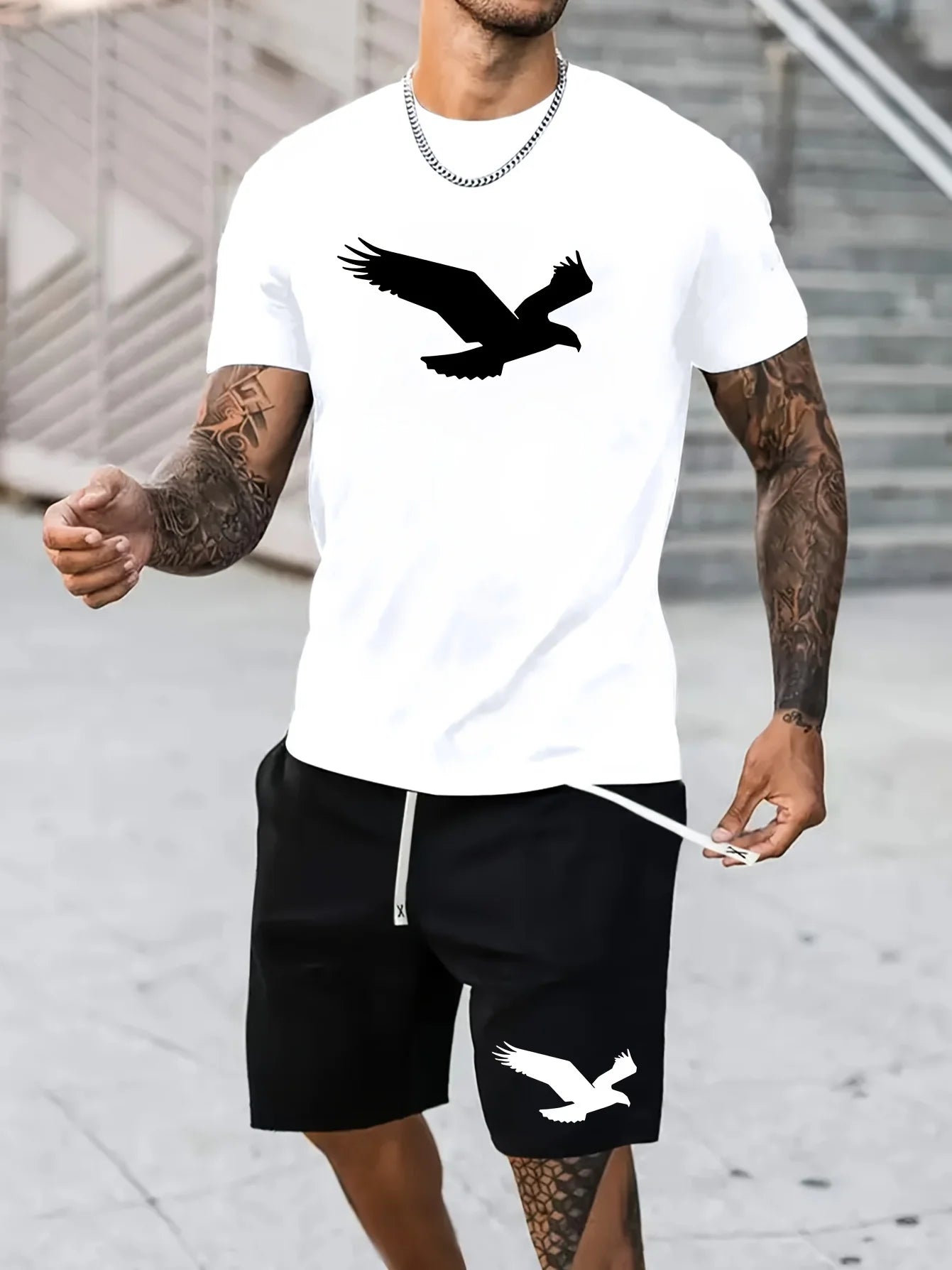 Stilren oversized set med fåg-mönster, perfekt för vår och höst – Men's 100 cotton T-shirt set casual oversized set shorts.