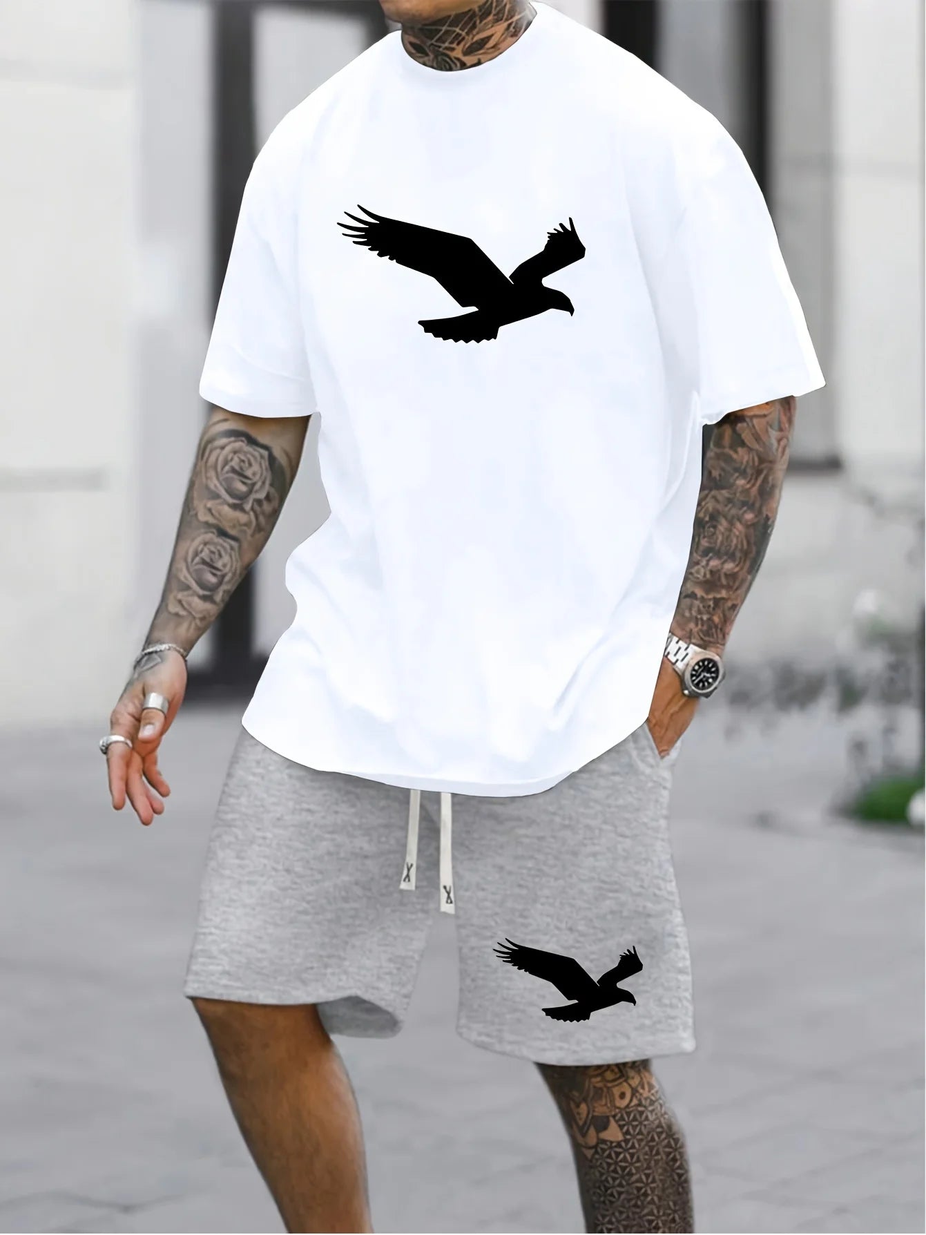 Mäns 100% bomull T-shirt set med fågelmönster, avslappnad oversized kortärmad T-shirt och shorts.