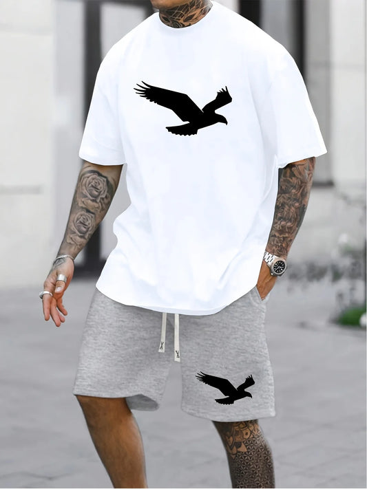 Mäns 100% bomull T-shirt set med fågelmönster, avslappnad oversized kortärmad T-shirt och shorts.
