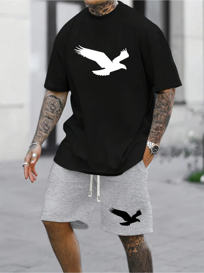 Stilren och bekväm Men's 100 cotton T-shirt set casual oversized set med fågelmönster, perfekt för vår och höst.