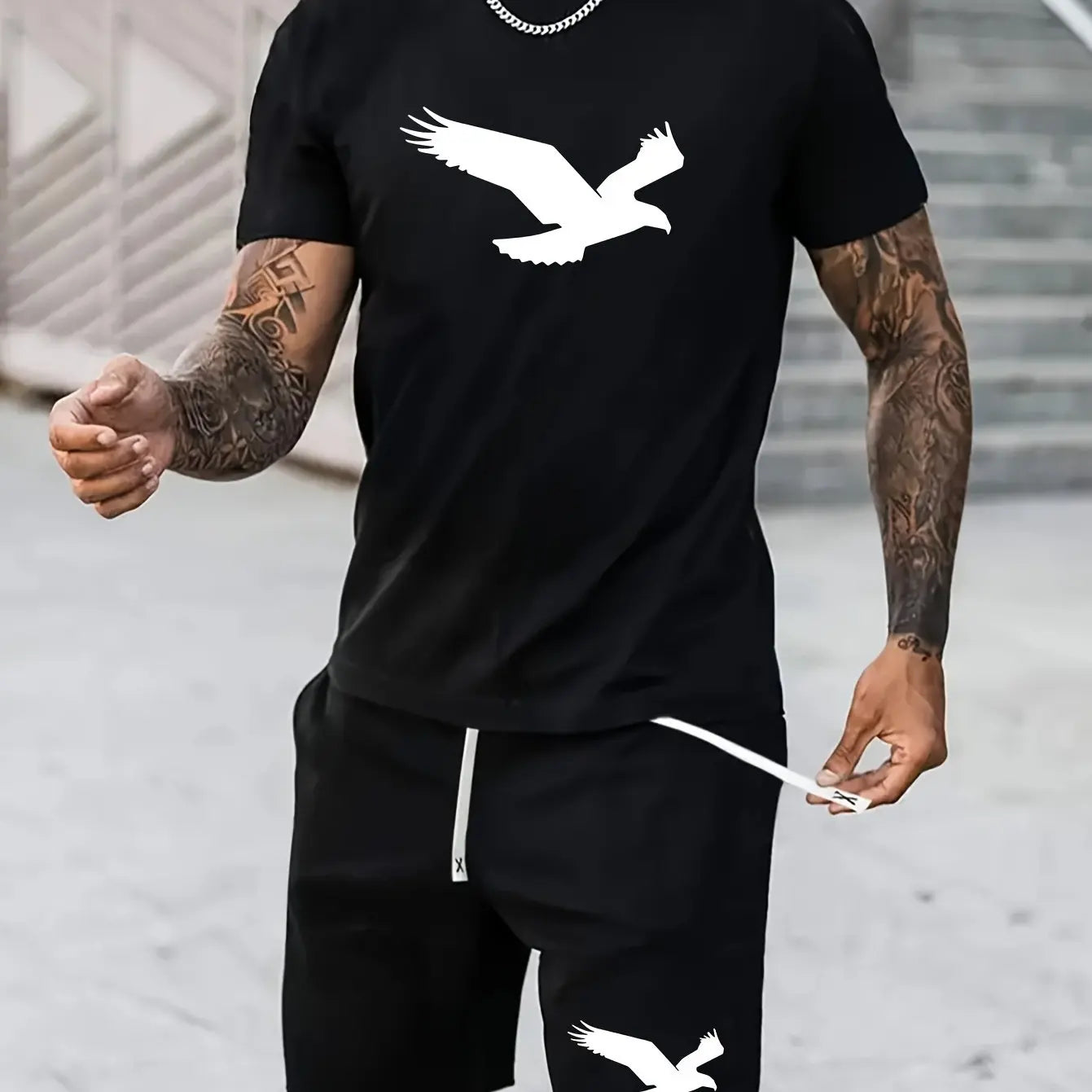 Stilfull set med Men's 100% cotton T-shirt set casual oversized set Bird pattern printed loose round neck short sleeved T-shirt shorts.