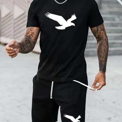 Stilfull set med Men's 100% cotton T-shirt set casual oversized set Bird pattern printed loose round neck short sleeved T-shirt shorts.
